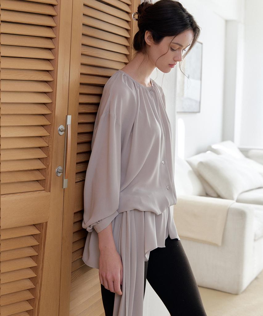 Meojiaenminggeul Halo Neck Shirring Belt Chiffon Blouse (Mint Gray)