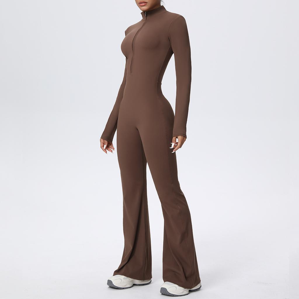 Zipper nude long-sleeved yoga flared pants onesie women's running fitness clothes sports trend onesie tights