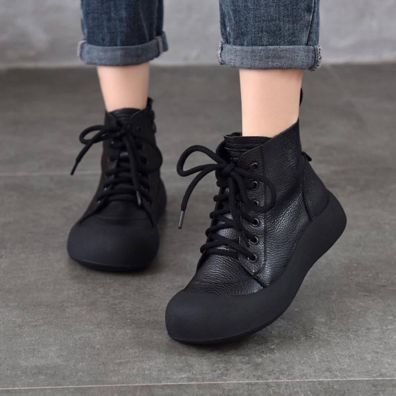 Johnature Retro Women's Ankle Boots Genuine Leather Lace Up Thick Soled Cowhide Short Boots