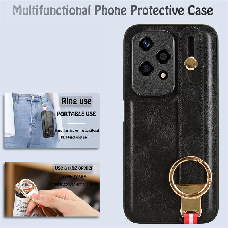 Luxuriöses Lederetui mit Armband und Standfunktion für Honor 200 Lite, Hülle für Honor 200 Pro mit Ringöffner, ultradünne, stoßfeste Schutzhülle