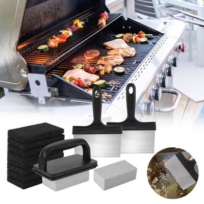 1 Set BBQ Griddle Cleaning Tool Kit with Handle Scraper Scouring Pad Pumice Stone Brush Multifunctional Barbecue Flat Top Grill Cleaner Kit