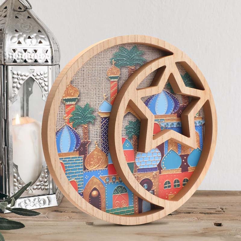 Ramadan Moon Star Serving Tray - Eid Cupcake Candy Plates Mubarak Religious Painting for Family Party Wooden Decorations