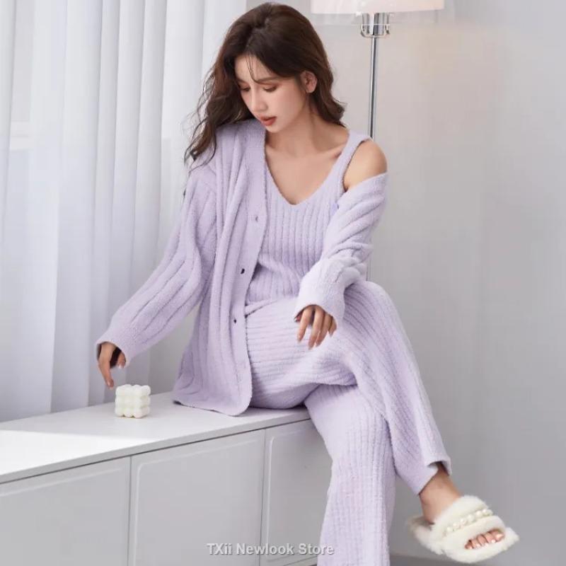 

Пижама для женщин, зимняя, новый стиль, полубоковая, плюс бархатный комплект из трех предметов, пижама с подтяжками, брюки, утолщенный стиль, домашняя одежда One Size