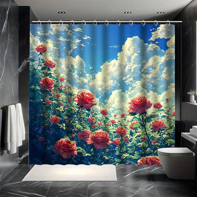 Bright Flower Shower Curtain Set, Bright Stamen, Blue Sky & White Clouds, Bathtub Partition, Modern Bath Decor