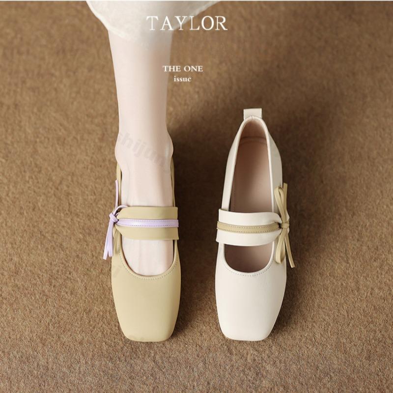 Fashion Women Pumps Mary Jane Flat Women Shoes 2025 Spring PU Leather Square Toe Shallow Bow Non Slip Dress Fashion Elegant Single Shoes