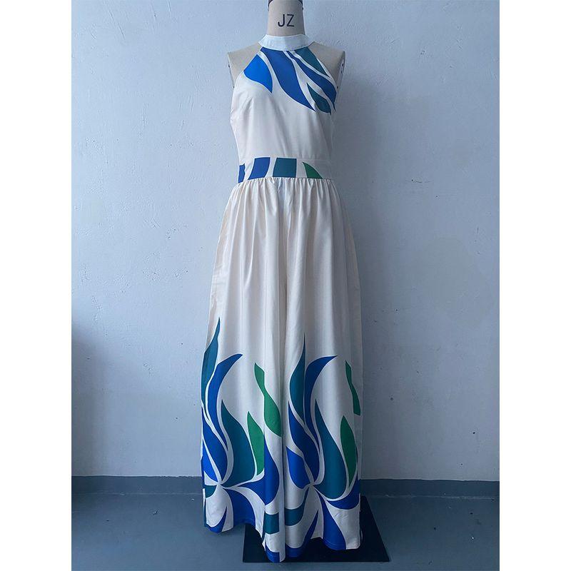 

Summer European and American New Print Sexy Exposed Sleeve Flared Trousers Jumpsuit Fashion Women clothes Blue S