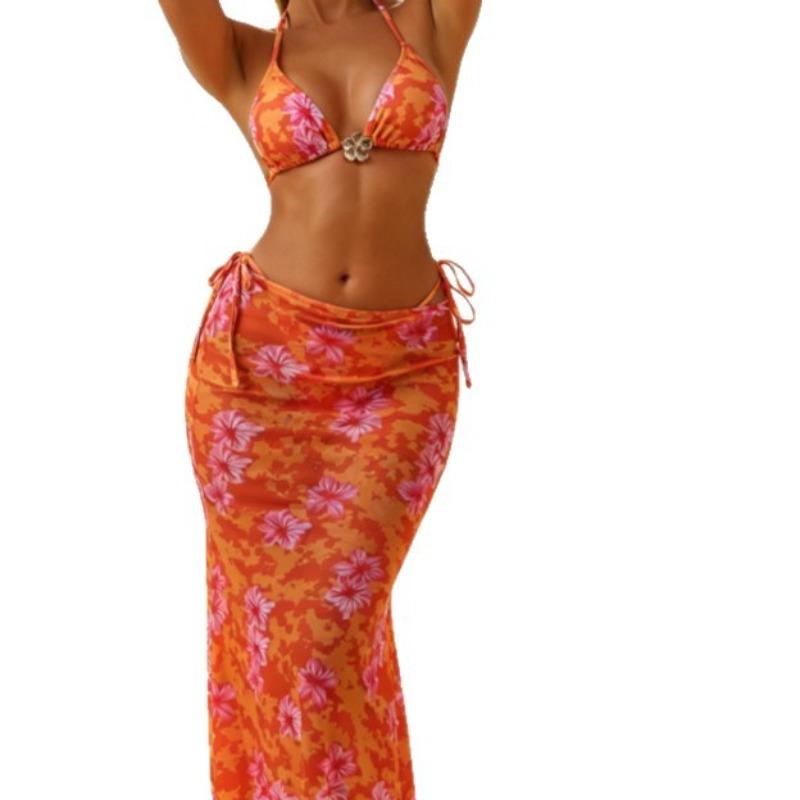 Bikini Sexy Stampato Senza Schiena + Gonna Lunga Sottile in Garza Costume da Bagno Tre Pezzi