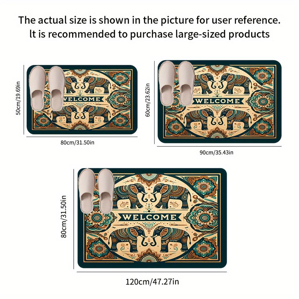 Luxury Flannel Floor Mat Carpet with Thick Sponge Cushion,Non-Slip Washable Vintage Elephant Design for Bedroom Kitchen Bathroom