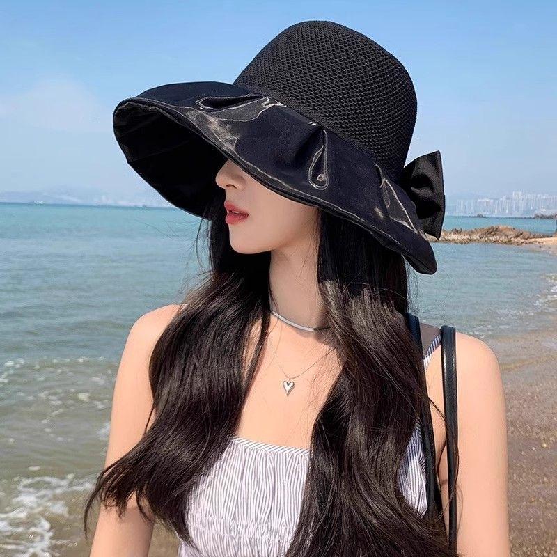 

Bows Sun Hat for Women 2025 New Arrival Summer Big Brim Face-Covering Sun Protection UV Protection Vinyl Bucket Hat Black One size