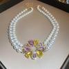 Elegant Rhinestone Pearl & Floral Geometric Necklace - French Retro Style for Autumn/Winter