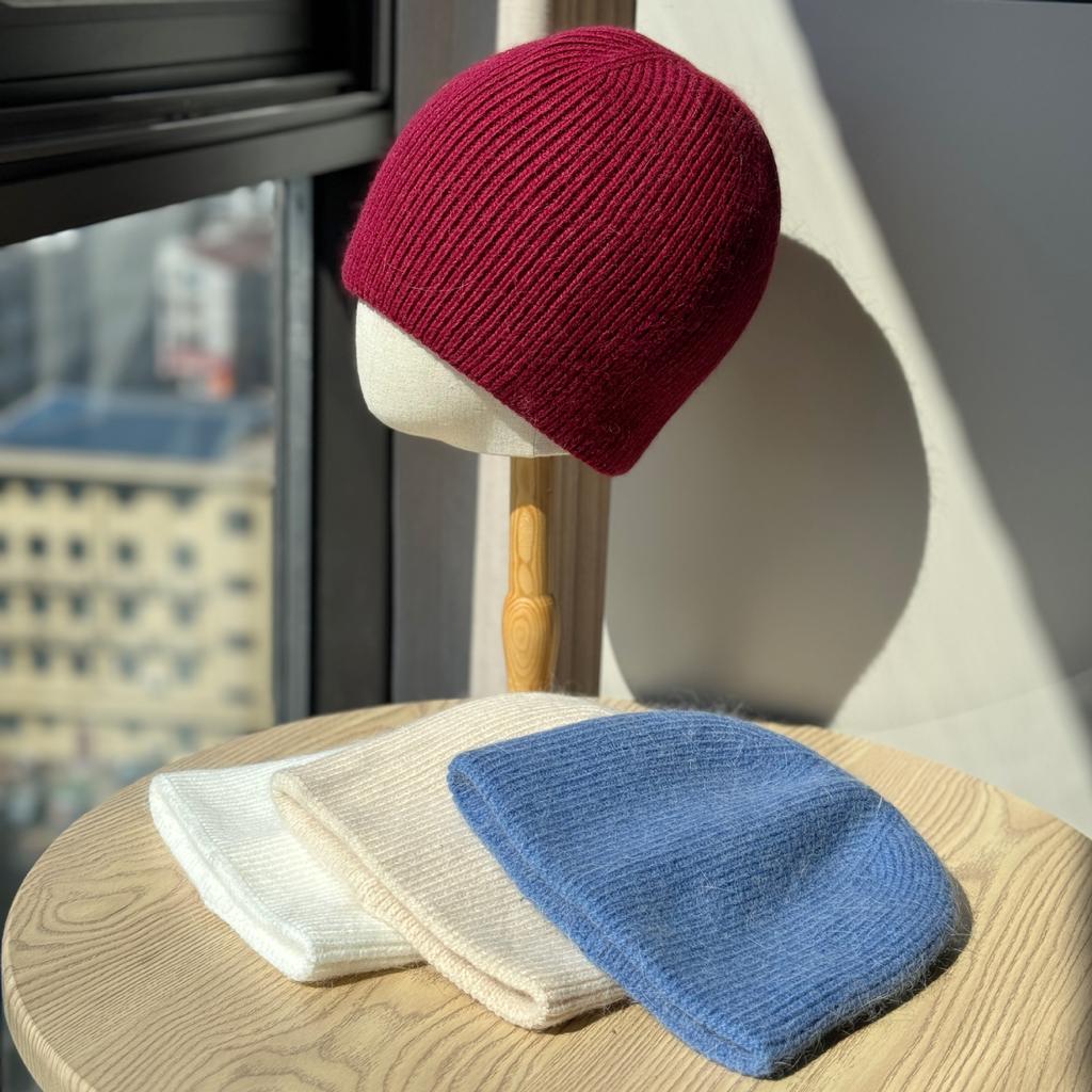 New Rabbit Woolen Hat for Men and Women Autumn and Winter Knitted Plush Striped Solid Color Dome Versatile Warm Hat for Couples