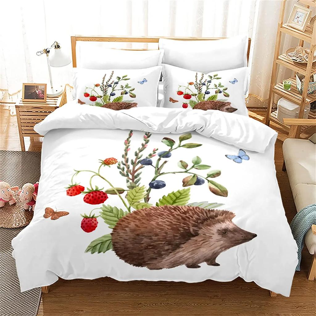 Comforter Cartoon Hedgehog Bedding Set Cute Hedgehog Flower Pattern Polyester Comforter Wildlife With Zipper