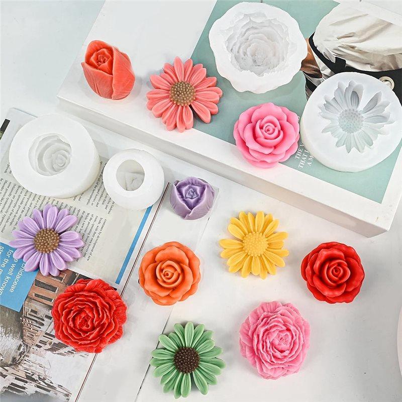 CYCLI-For DIY Candle Silicone Mold Set 4Pcs 3D Flower Molds For Soap Epoxy Release Crafts- Daisy Peony Rose Tulip Gift