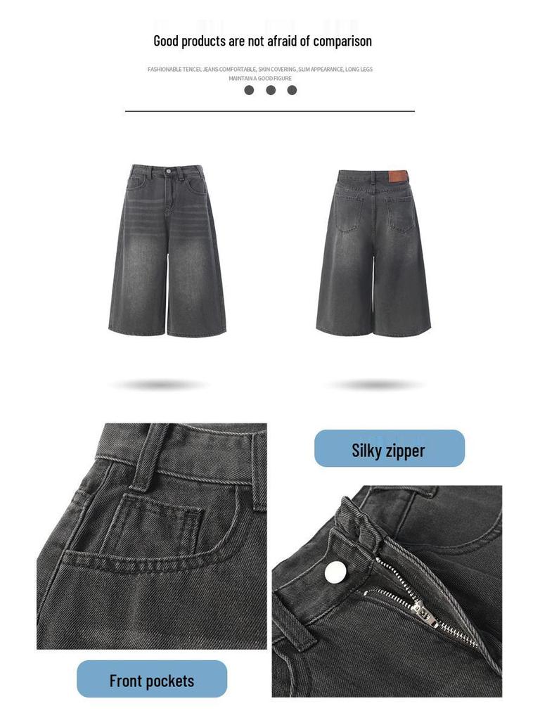 Women's American Retro High Waist Seven-Point Denim Shorts - Spring/Summer 2026, Slimming Wide-Leg Mid-Length Design.