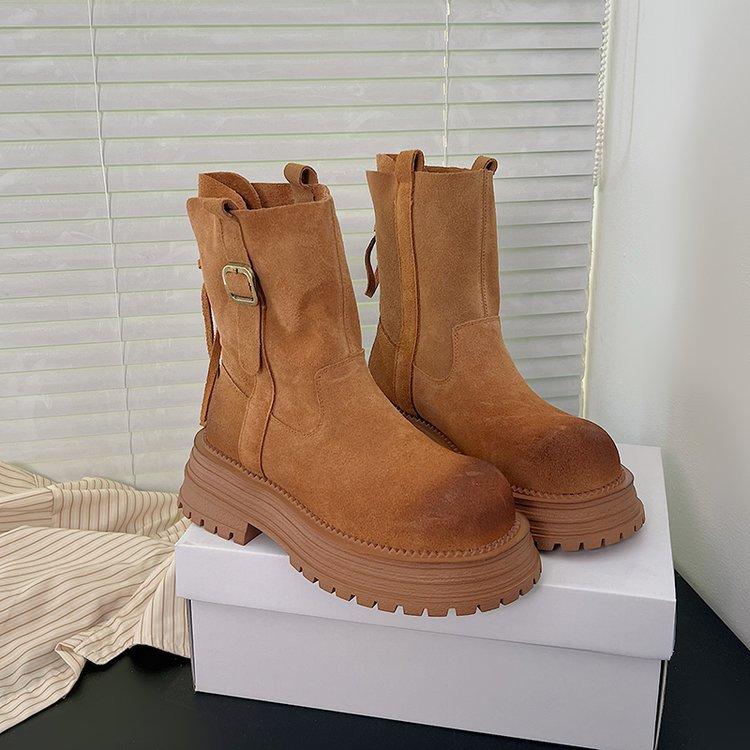 

Platform Martin Boots Women s Coarse Heel Short Boots Skinny Boots Vintage Maillard Khaki Back Strap British Boots 40