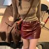 Burgundy PU Leather High Waist A-Line Skirt - 2024 Autumn/Winter Slim Fit