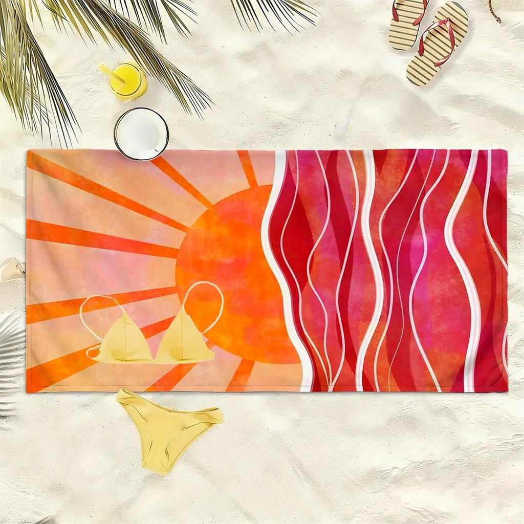 Sunset, waves, and sun pattern polyester microfiber beach towel is highly absorbent, suitable for swimming and beach outings