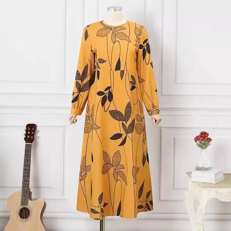 Cross-border 2025 Bohemian Floral Print Muslim Women's Sundress with Long Sleeves and Big Swing