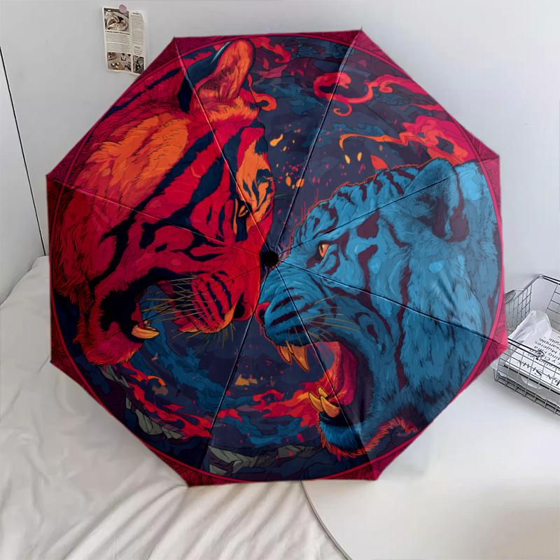 Tiger and Rooster  pattern, automatic folding umbrella, portable and foldable design, 8 ribs, a Christmas or birthday gift.