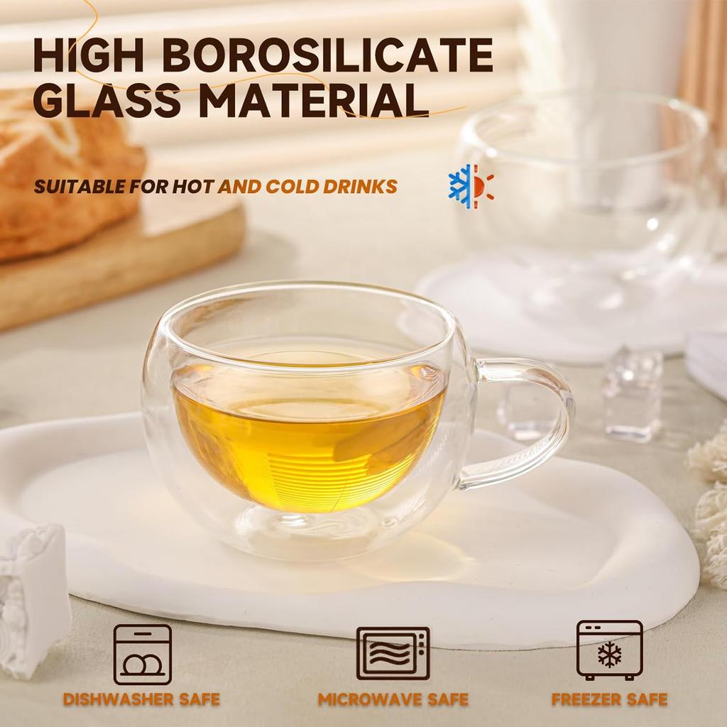 Double Wall Insulated Glass Tea Cups Set of 4, Clear Borosilicate Glass Espresso Shot Cups for Espresso Machine, Glass Teacups Coffee Mugs with