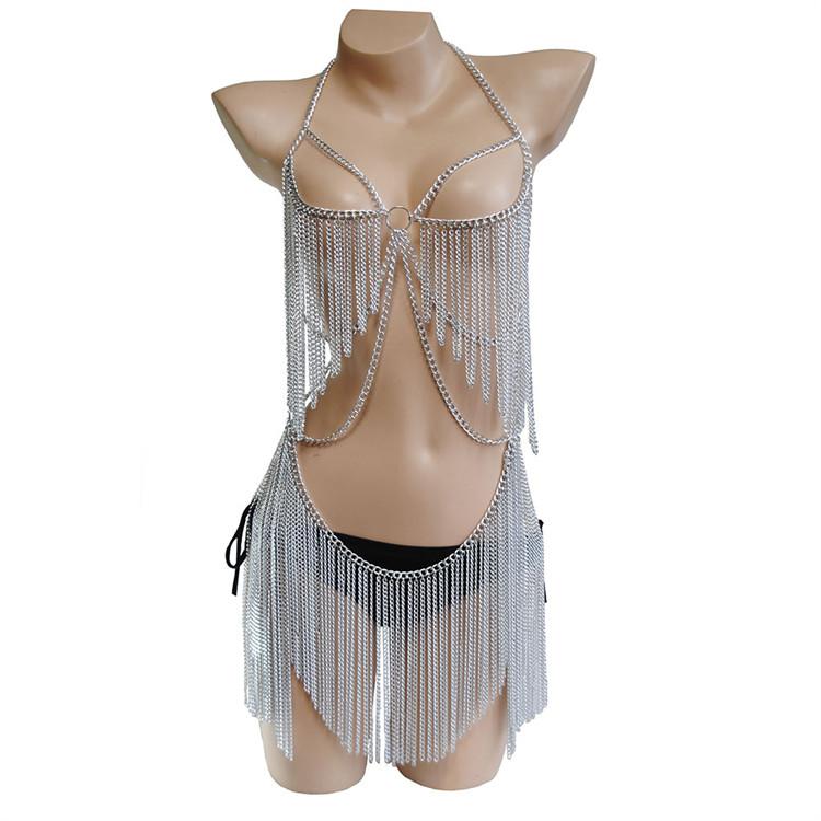Bikini Sexy Ladies Lingerie Crystal Women Thong Panties Body Chain Rhinestone Bra and Thong Set Belly Chains One Size
