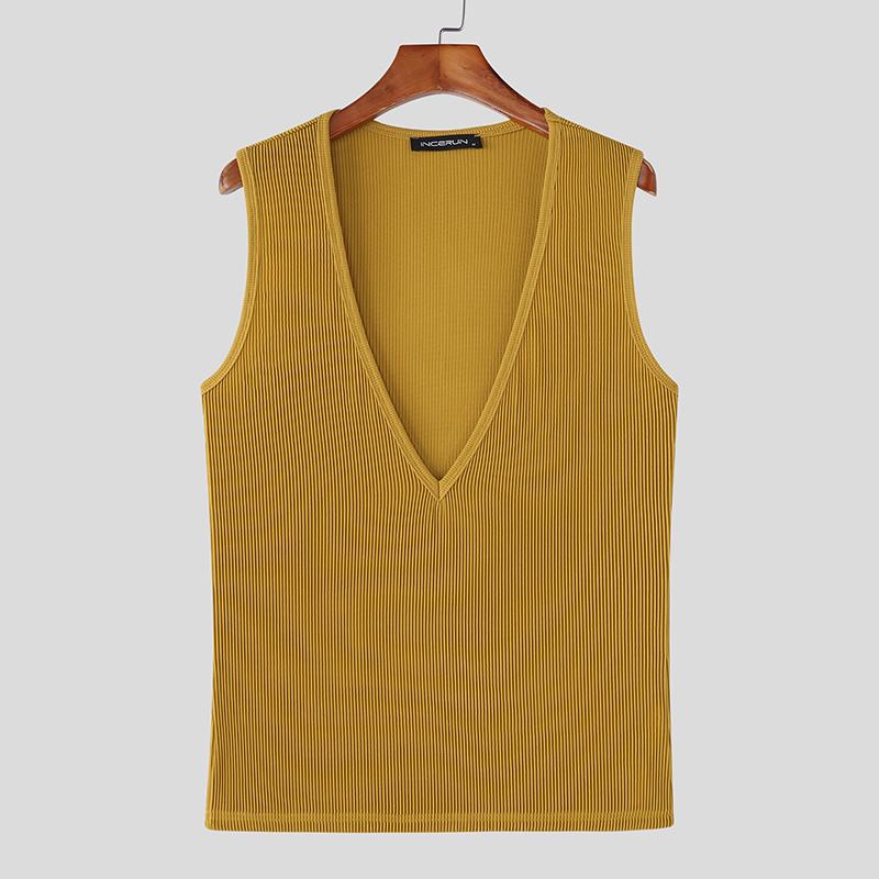 INCERUN Summer Men Deep V Sleeveless Solid Casual Fitted Rib Tank Tops Undershirts