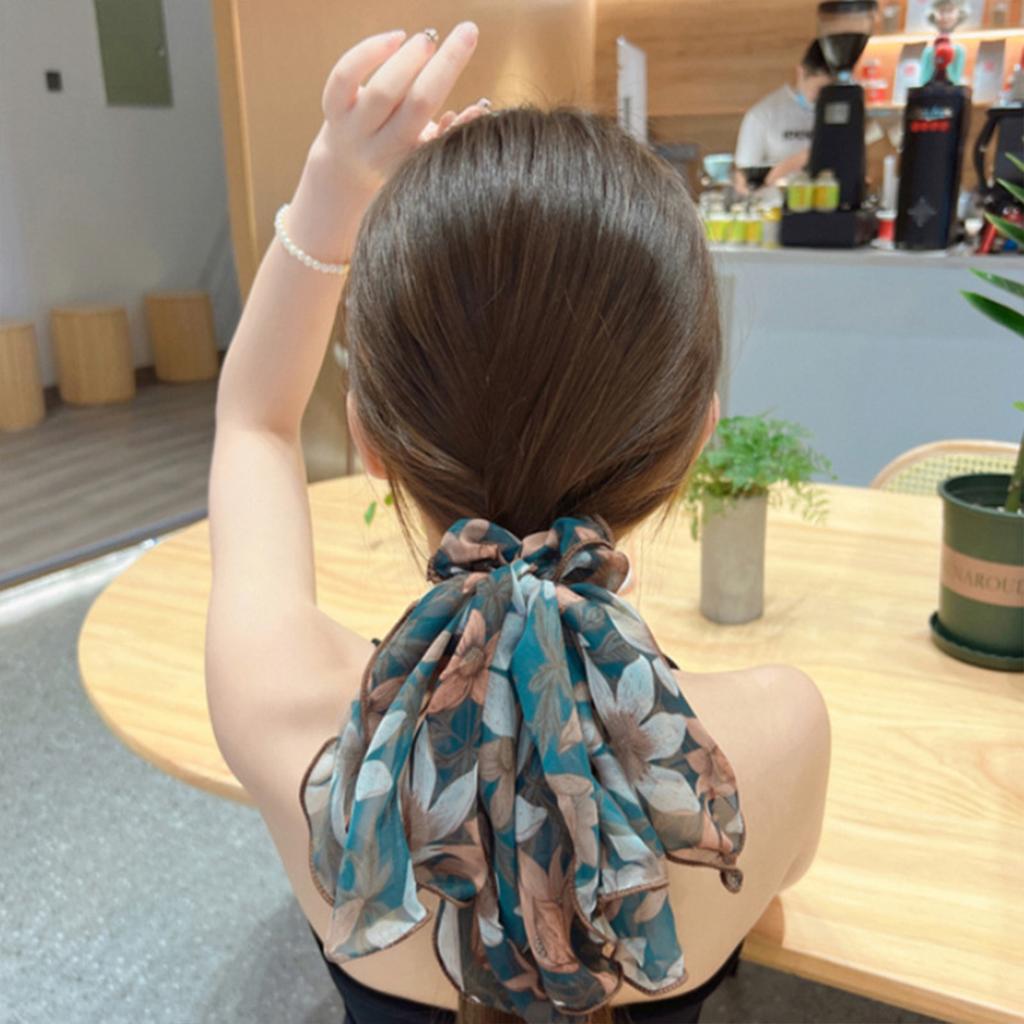 Fairy Hair Rope For Girls Chiffon Printed Bow Ribbon Hair Loop Spring Summer Outdoor Flowing Hair Rope Beach Hair Accessories
