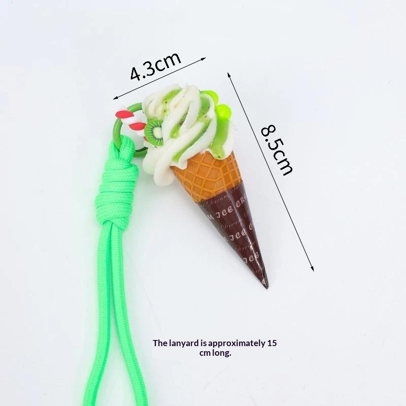Simulation Ice Cream Cone Keychain Braided Lanyard Realistic Design Backpack Pendant Gift For Girls