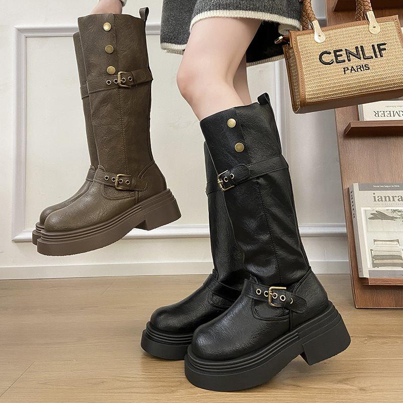 Knight belt buckle boots women's British style retro slim heightening boots autumn and winter 2025 tall new thick bottom