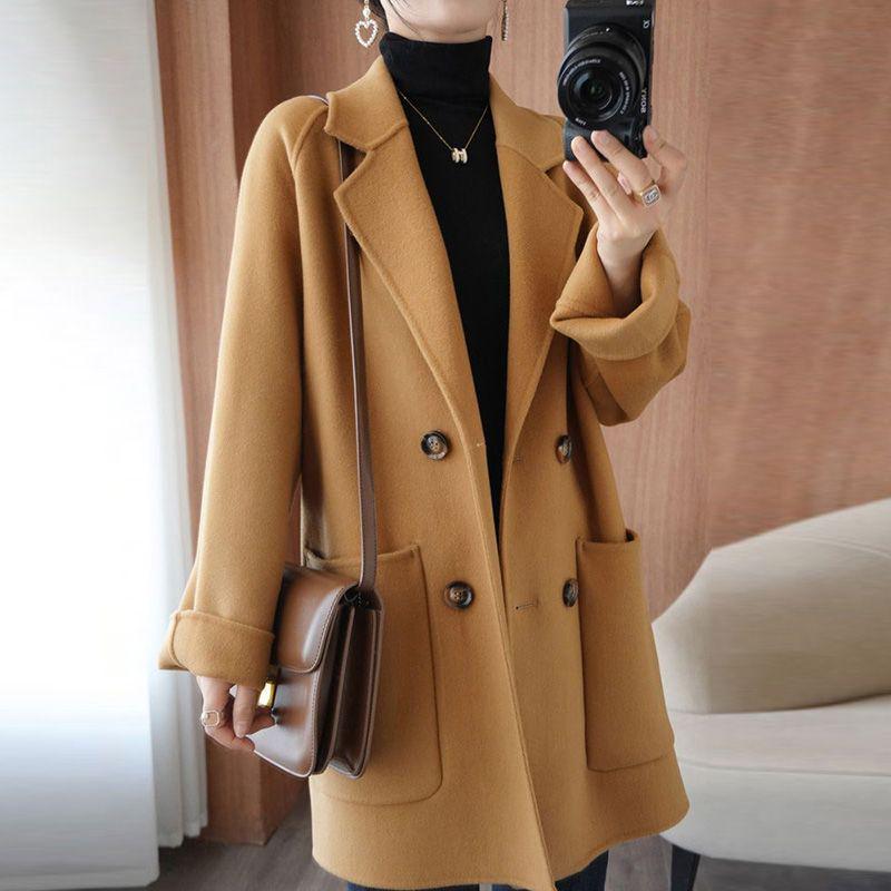 Luksusowy damski dwustronny wełniany płaszcz średniej długości z chenille - Duży rozmiar