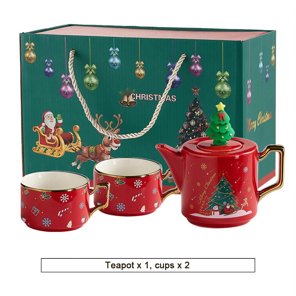Red Ceramics Teaware Sets Santa Claus Snowman Elk Teapot Teacup Christmas Coffee Cup Saucers Stackable Xmas New Year Gifts