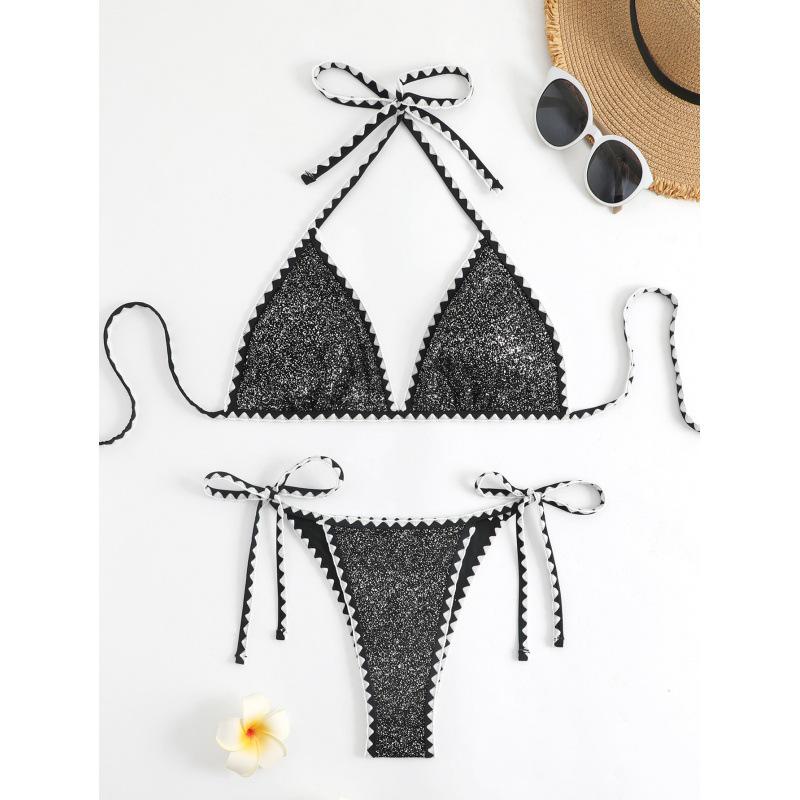 

Женский раздельный купальник халтер с цветовыми блоками: Сексуальный купальник с высокой талией и шнуровкой для пляжа Large