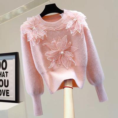 WTEMPO Women's Long Sleeve Crewneck Sweater Fashion Flower Knitwear Girl Soft Comfortable Knitting Tops Sweaters