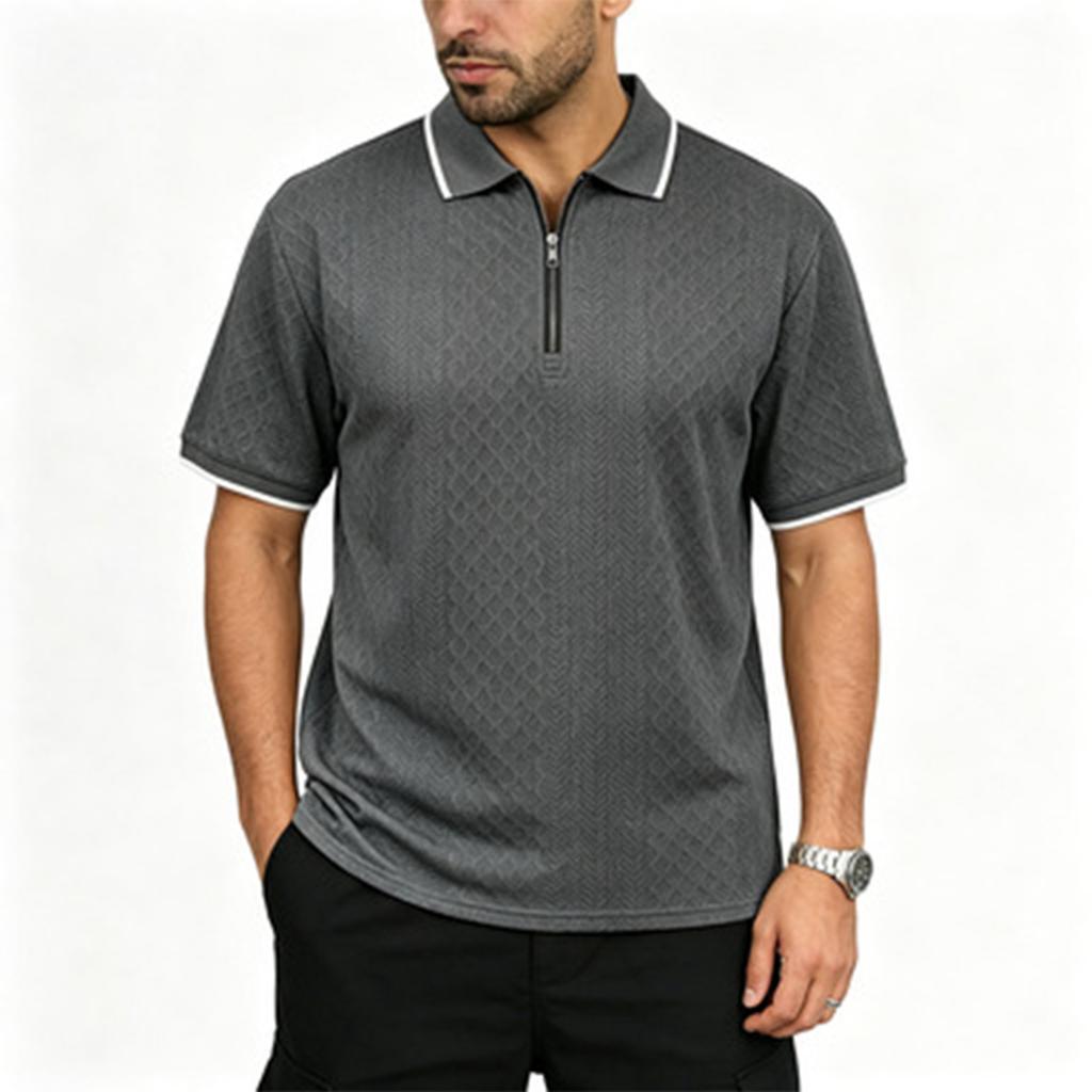 Men's Short Sleeve Polo Shirt with Zipper Collar Classic Fit Lightweight Knit Top for Everyday Wear