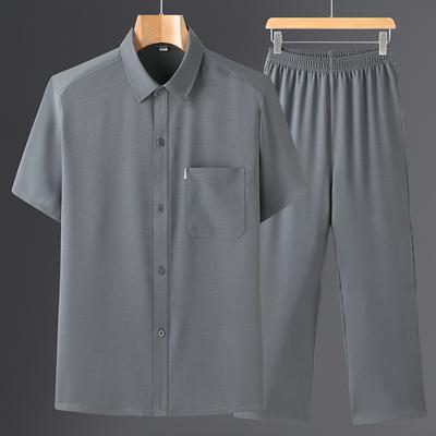 Bequemer Sommeranzug für Herren mittleren und älteren Alters, einfarbig, einfaches Kurzarmhemd + Freizeithose, zweiteiliges Set