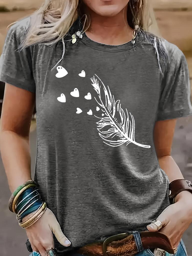 Blue Feather & Hearts Women's Tee - Delicate Graphic, Soft Romantic Print for Casual Daily Wear