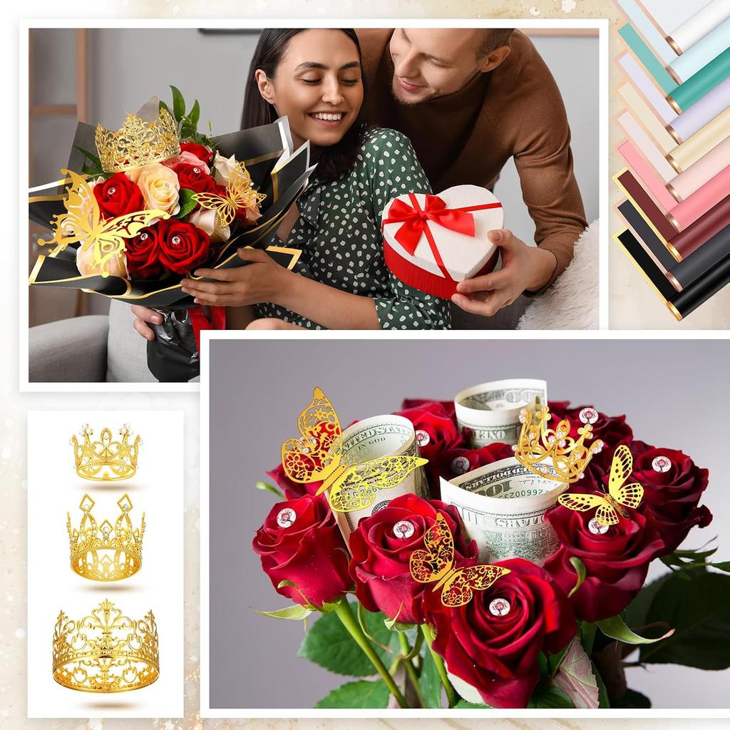 Qeeenar 40 Sheets Flower Bouquet Wrapping Paper Waterproof Florist Bouquet Packaging Paper with 3 Pcs Crowns 48 Pcs 3D Butterflies Decor 100 Pcs