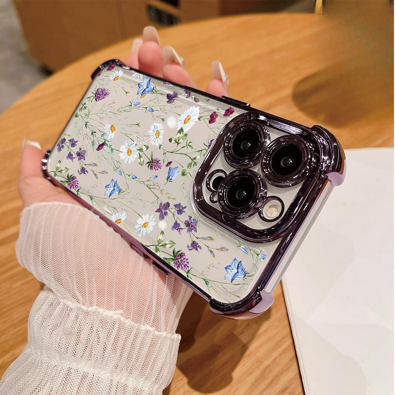 Case For iPhone 14 13 Pro Max 6 7 8 Plus 17 Air X XR XS Max Plating Violet Flowers Shockproof Transparent Soft Cover