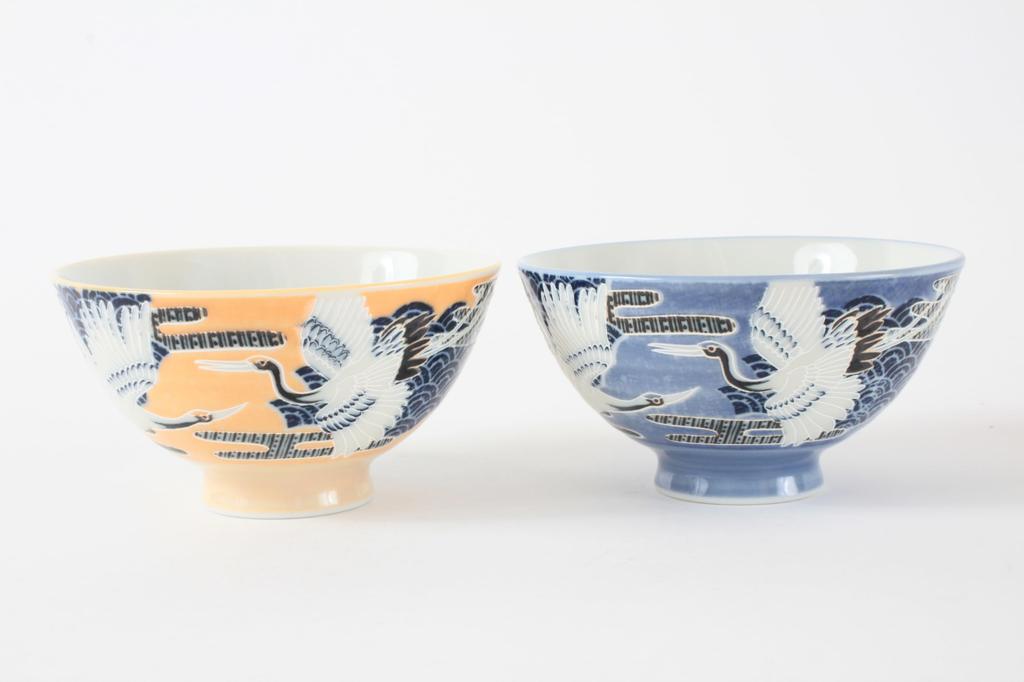 Mino Ware Pair of Rice Set of Made in Crane Blue MIG013 Bowls, 2, Medium-Sized, Japan, Design, & Orange,