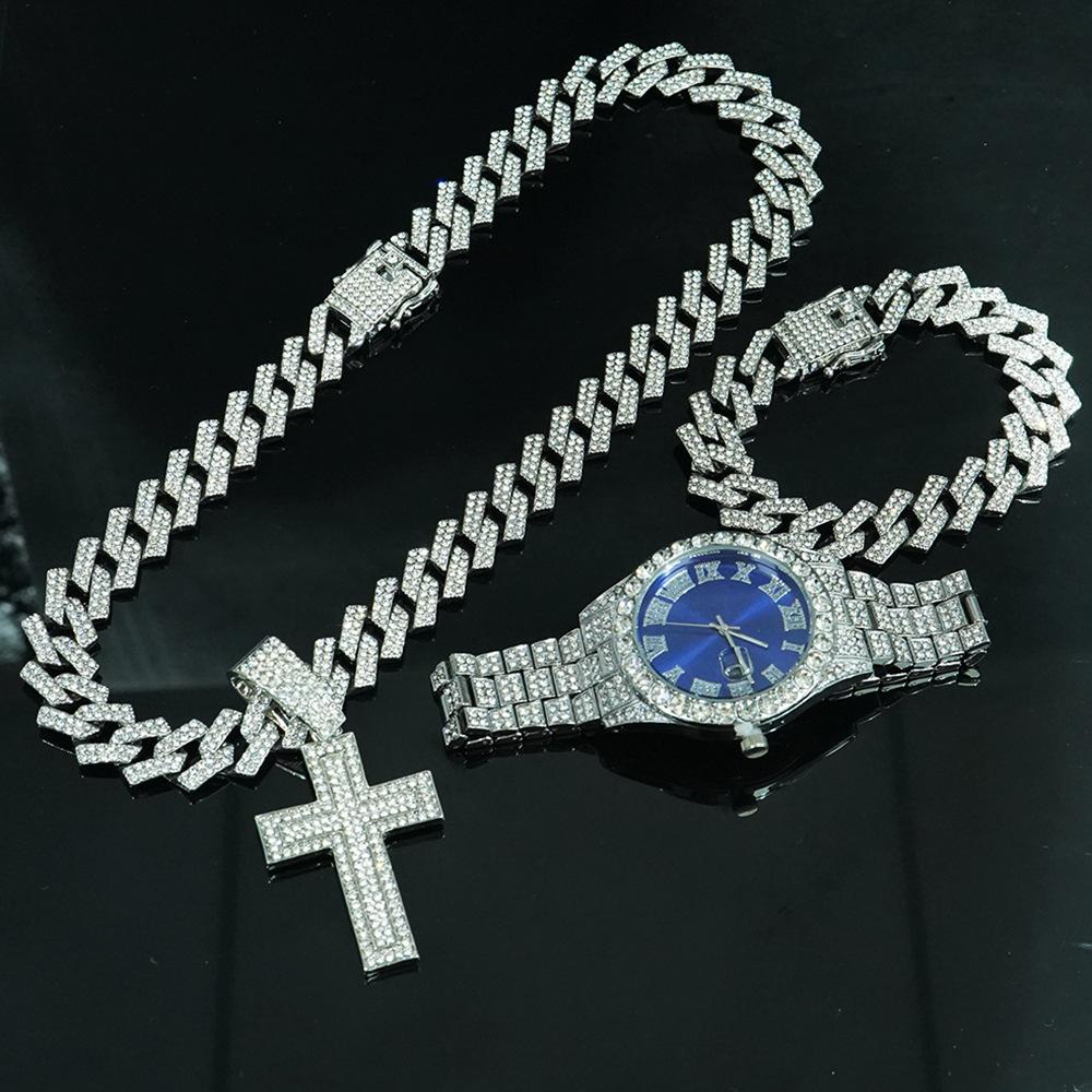 Set Collana Bracciale Catena Cubana Diamantata da Uomo 15mm Hip Hop Moda alla Moda Ciondolo Regina con Collane Catene Moda Complete