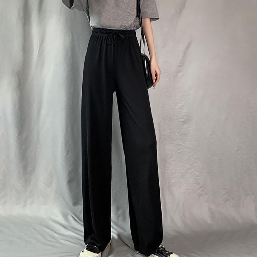 Women Ice Silk Pants Elastic High Waist Adjustable Drawstring Straight Wide Leg Pants Solid Color Long Trousers Daily Wear