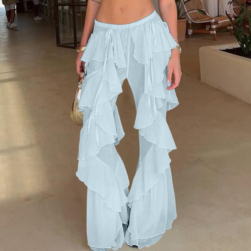 Ladies' Color Ruffle Edge Splicing Strap Loose Pants