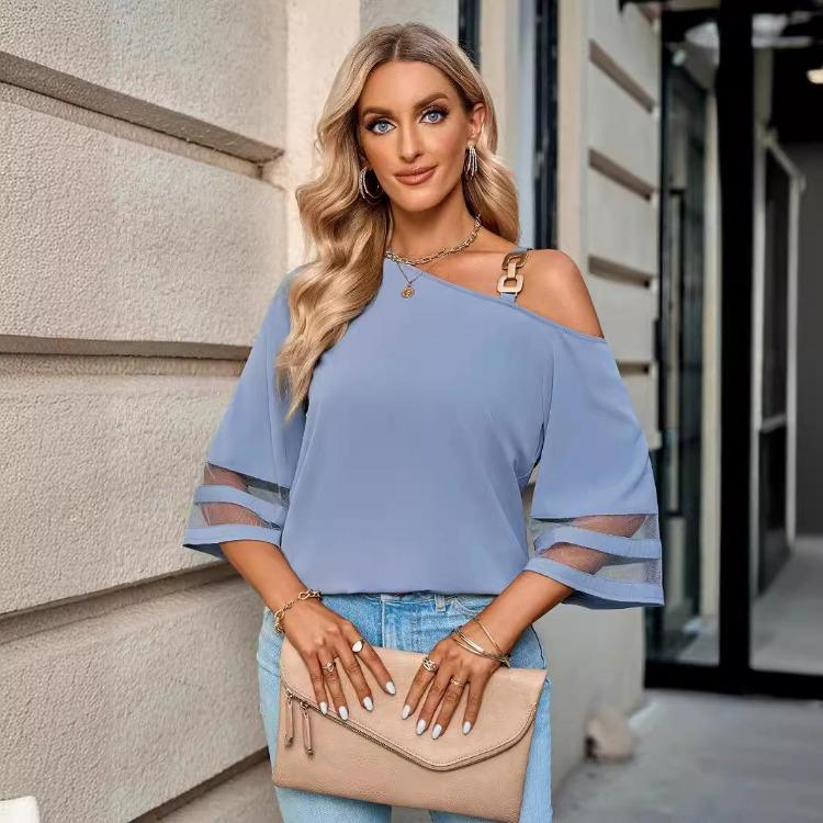 

Женская летняя блузка свободного кроя с круглым вырезом, пуловер, топ с рукавами-полуклеш, однотонная, с открытым плечом, рубашка с металлической пряжкой S XL Весна XL светло-синий