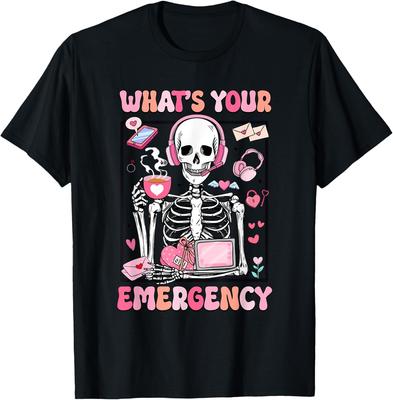 Szkielet Dispatcher Walentynki Jaka jest Twoja Nagła Sytuacja Graficzny T-shirt Męski Codzienny Bawełniany T-shirt