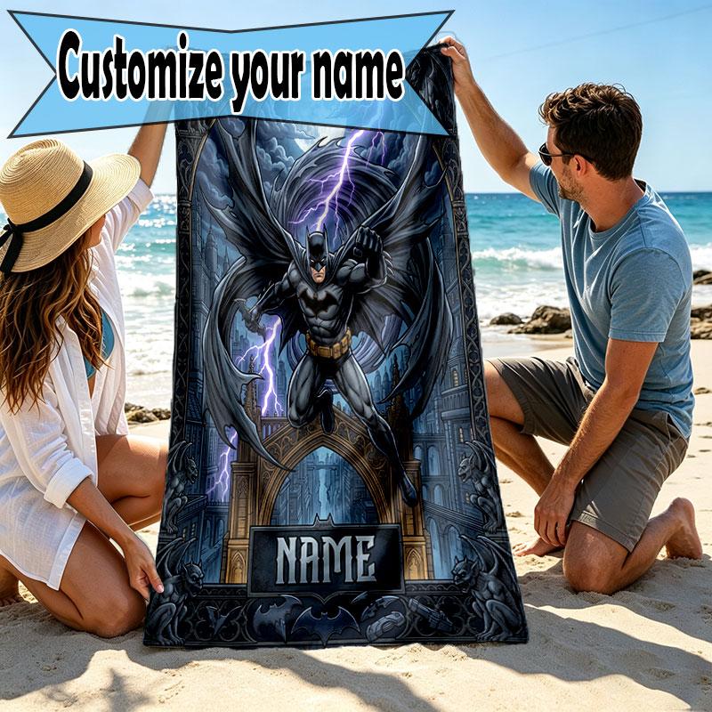 Custom Name Personalized Batman Print Beach Towel, for Trip Camping Beach Party Home Decor, Birthday Gift for Family & Friends