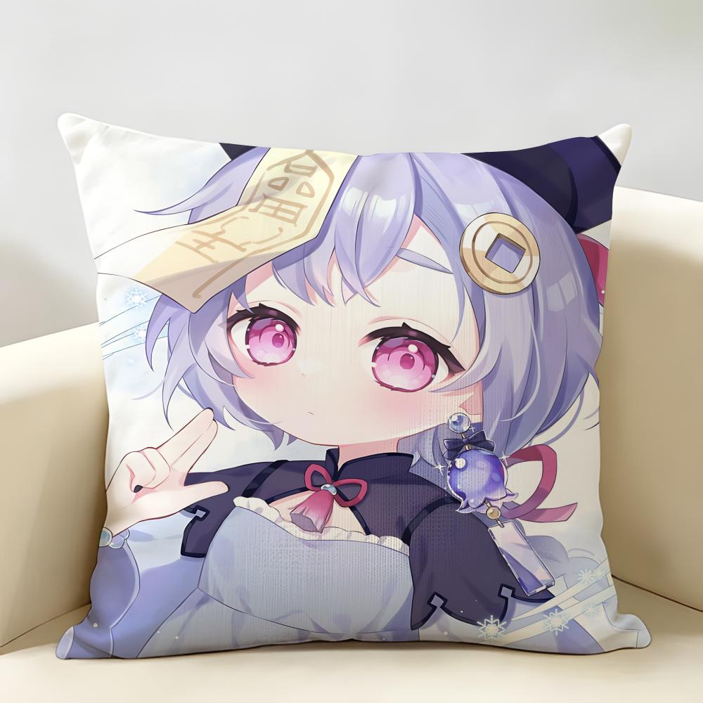 Qiqi Cute Genshin Impact Cushion Cover Natural Linen Organic Fabric DoubleSided Printing Room Sofa Decor Pillow Case