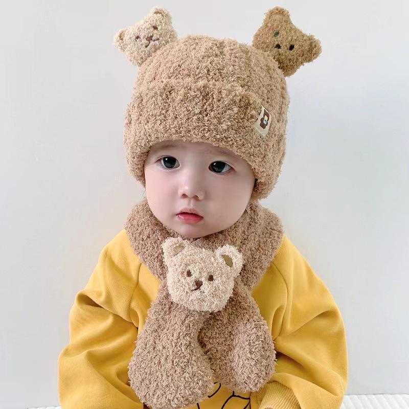 Autumn and Winter Baby Plush Hat and Scarf Set Cute Bear Infant and Toddler Thickened Plus Velvet Warm Windproof Ear Protection Hat