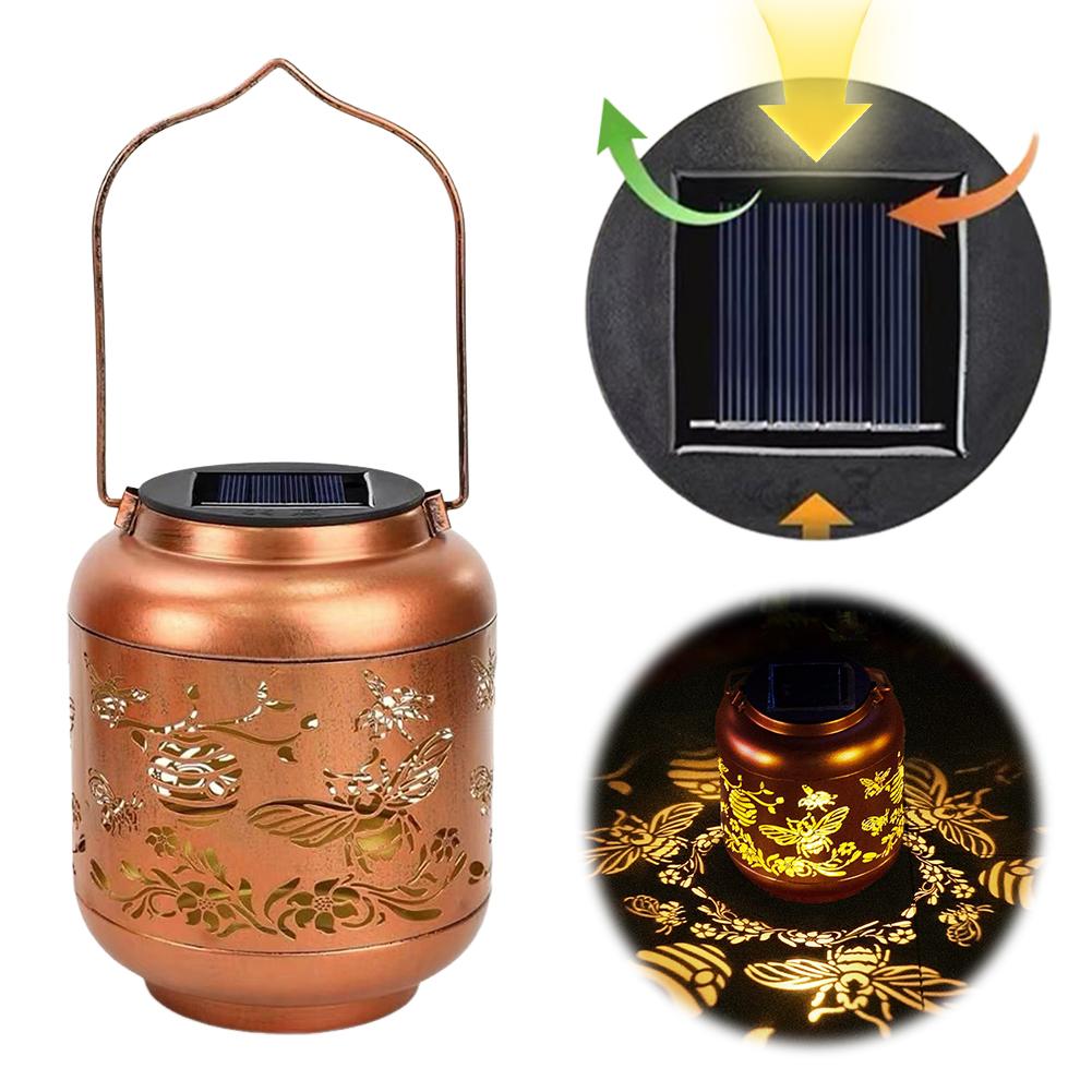 LED Hollow Iron Decor Light Warm Light Wrought Iron Solar Light Hollowed Hanging Light for Patio Yard Lawn Backyard Decor