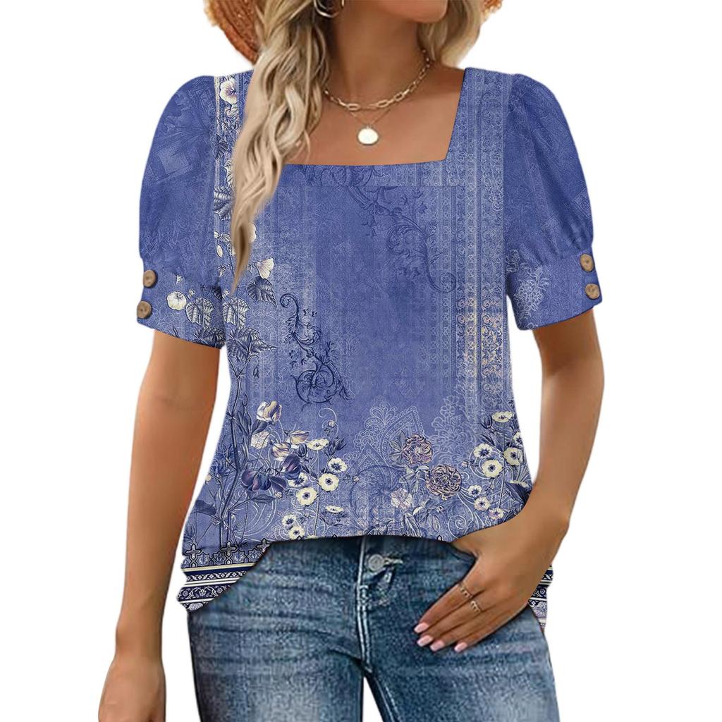 Women's Fashionable Casual Summer Retro Print Square Neck Button Short-sleeved Top