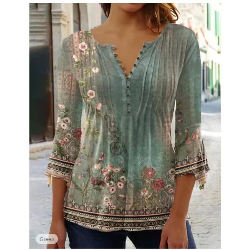 Spring and Summer Women's Blouse Fashion New Women's Floral Print V-neck Short-sleeved Pleated Buttons T-shirt